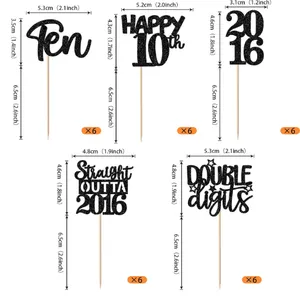 Black 10th Birthday Cupcake Toppers Glitter Cupcake Picks for Cheers to 10 Years