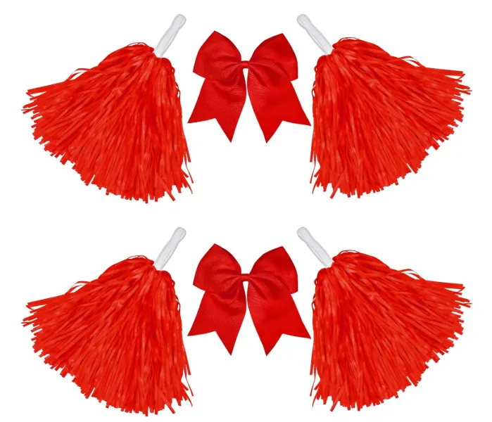 New Cheerleading Pom Poms with Hair Bows Red
