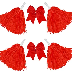 New Cheerleading Pom Poms with Hair Bows Red