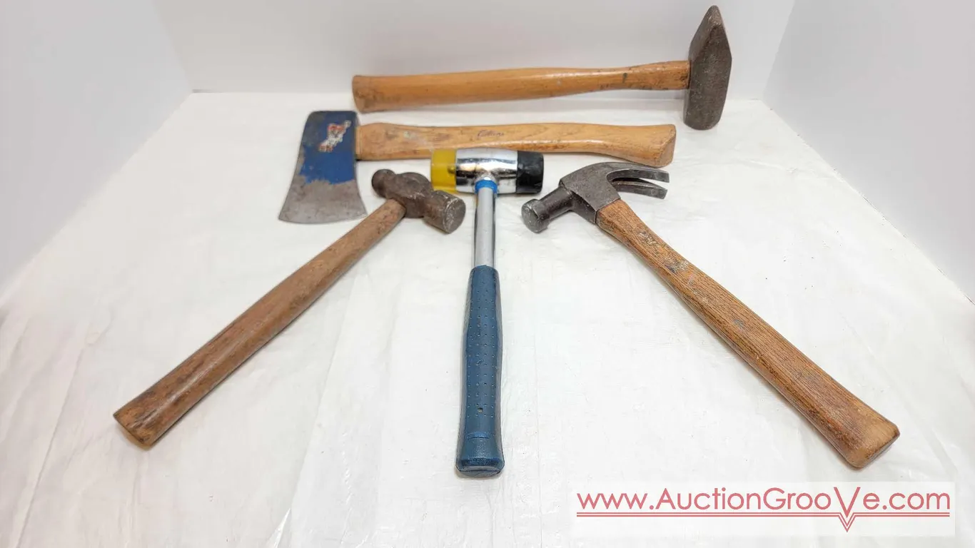 A Collins Hatchet & 4 Varieties of HAMMERS. BW