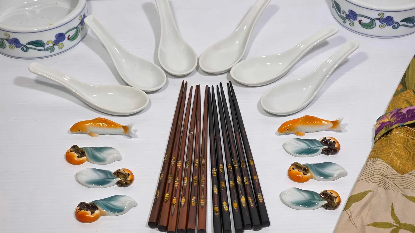 Chopsticks, Chopstick Rests, Trinket Dishes and an Apron. K
