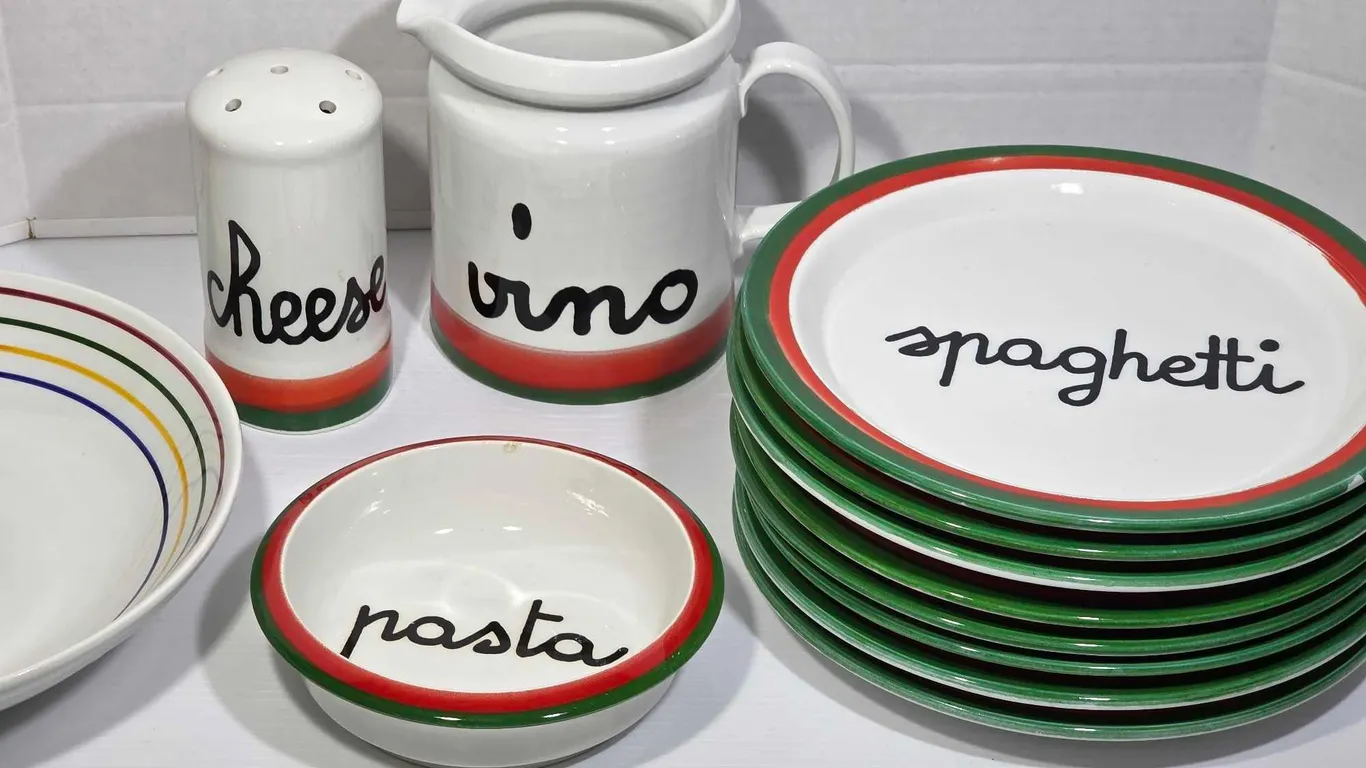 Vintage Baldelli Spaghetti Plates, Pasta Bowl (small chip on rim) , Cheese Shaker and Violno Pitcher Plus non matching Large Bowl.