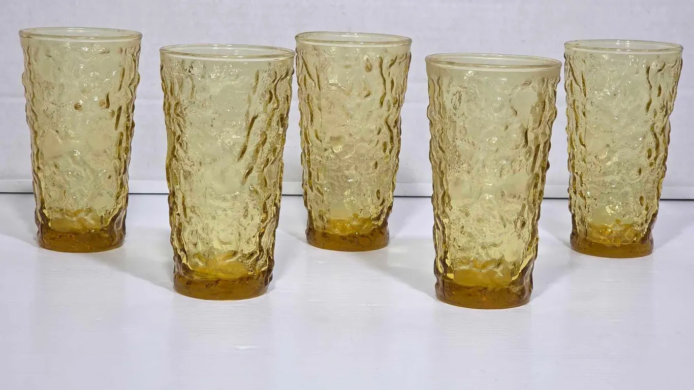 FIVE Vi tage Anchor Hocking Lido Milano Amber Drinking Glasses. K