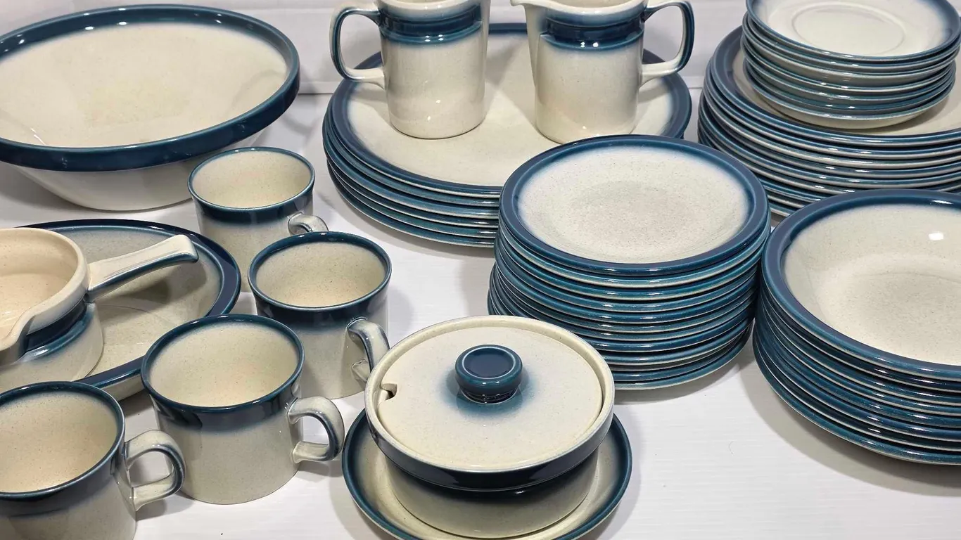 59 Piece Blue Pacific Wedgwood Dishes. Made in England. Bring packing for safe travels. K