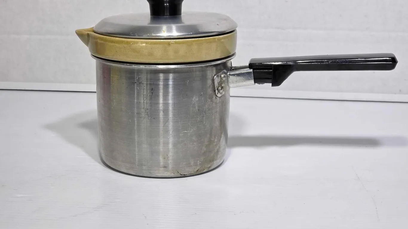 Vintage Double Boiler with Ceramic Glazed Insert. Has removable handle. K