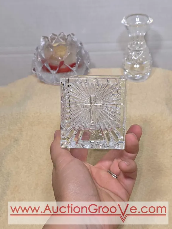 Waterford Crystal 4" Vase, Christianity Votive, and Orrefors Candel Holder. LR