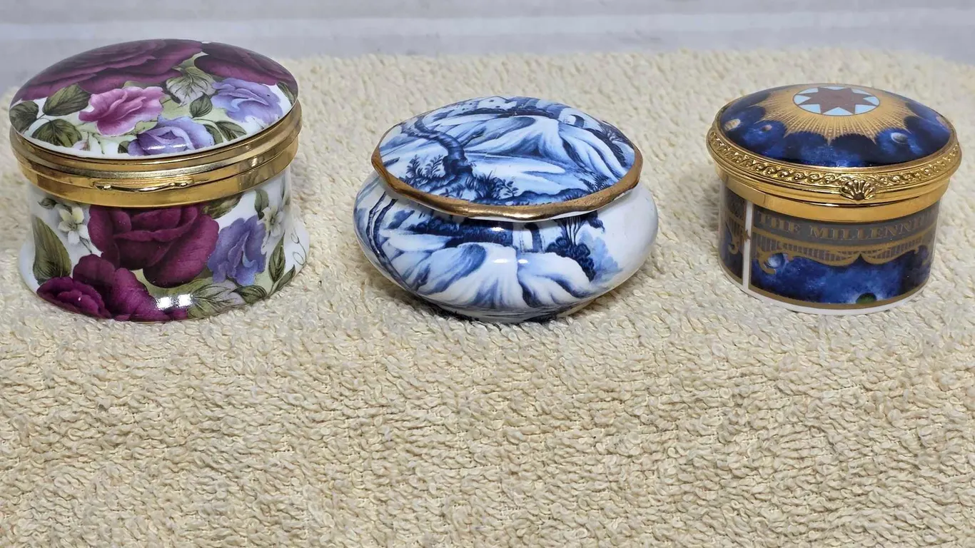 Three Fine Bone China Trinket Dishes. The blue and white has been repaired. Millennium Celebration. LR