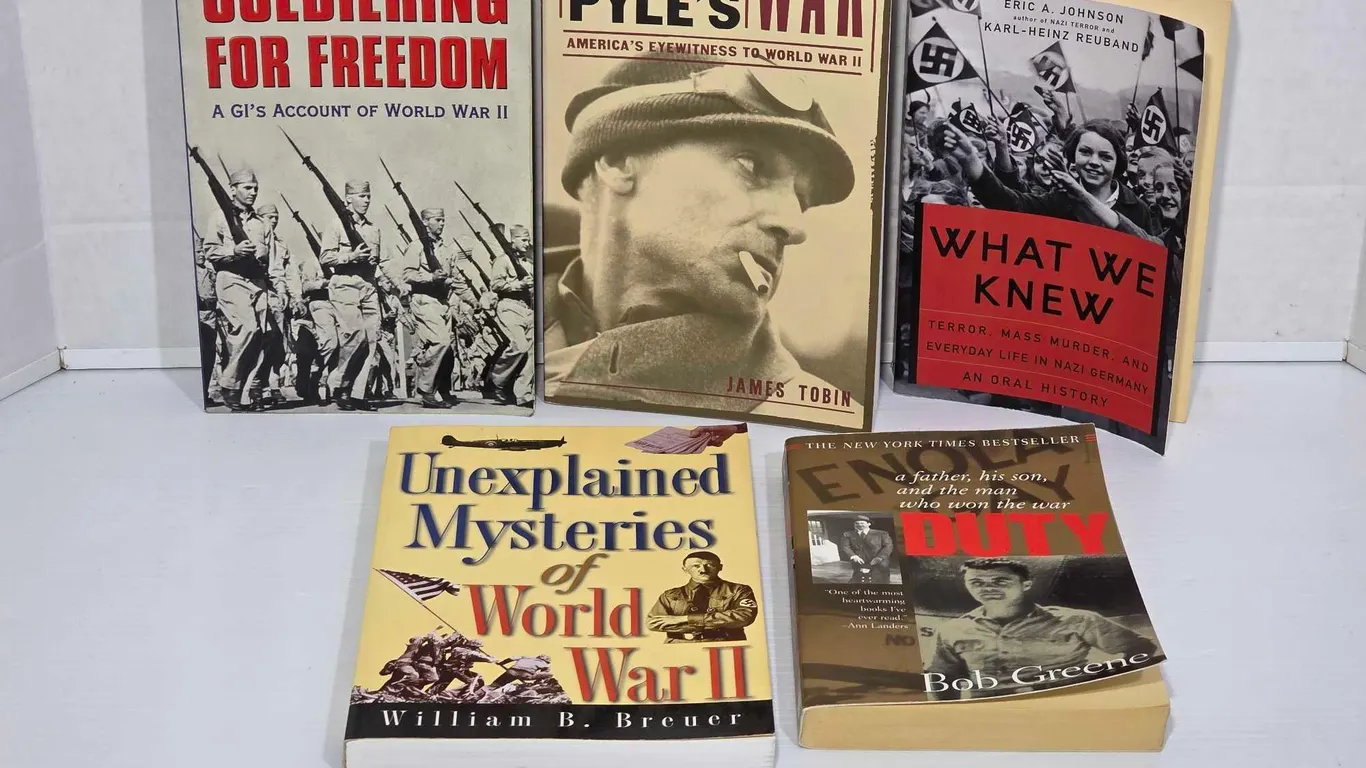 5 Soft Cover WWII Books. LR