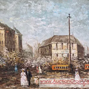 European Street Scene Painting. By Velosi? 56 x 32. P