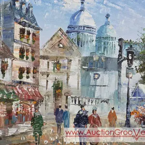 Original Parisian Street Scene Painting by W. Burnett. 15 x 13. LR