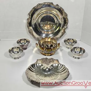 Reed & Barton Tableware. Silver Plate. Lotus Flower Frog Bowl, Scallop Shell Dish, 4 Paul Revere Design dishes, and a 11.5" King Francis Plate