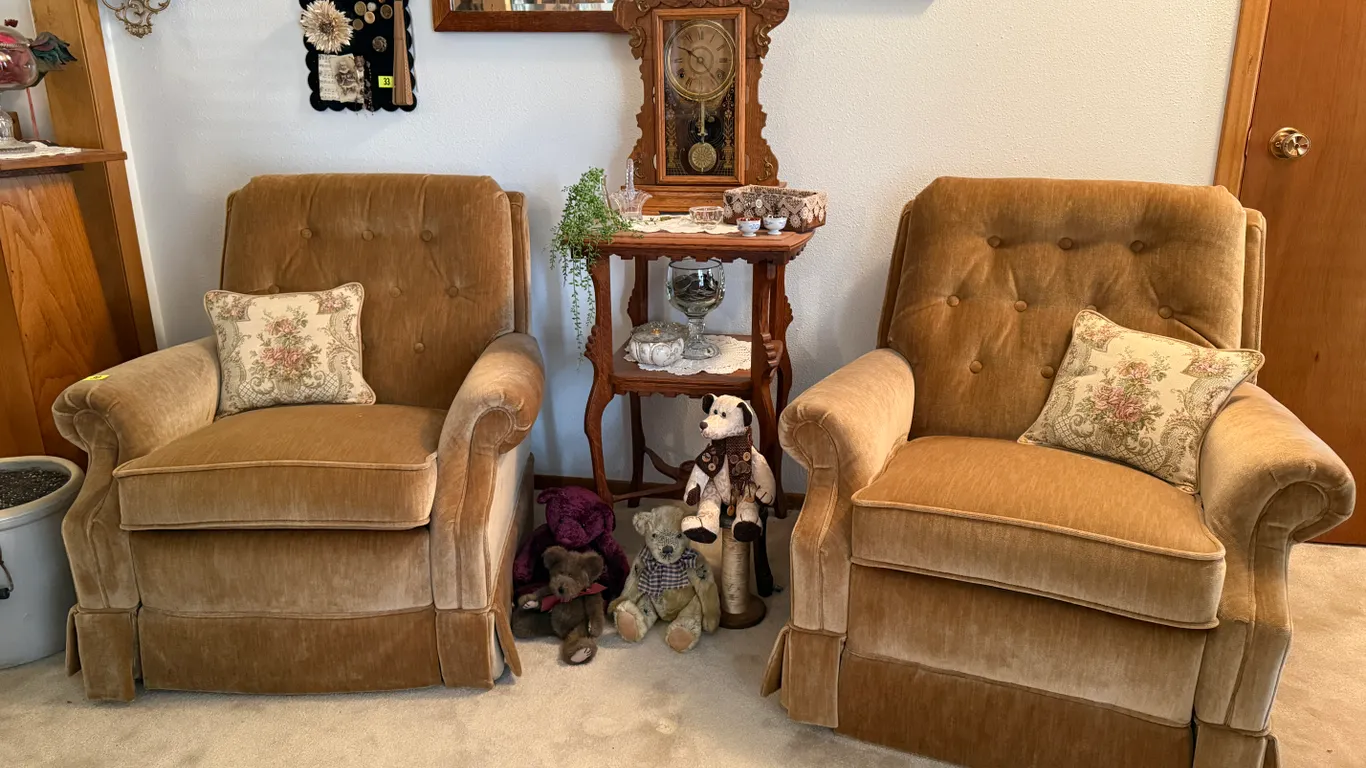 Pair of Vintage Velvet Upholstered Armchairs with Pillows