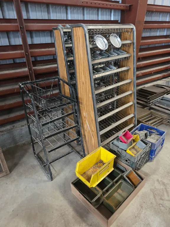 3 Organizing shelves and large quantity of plastic organizing baskets and 2 magnetic parts trays