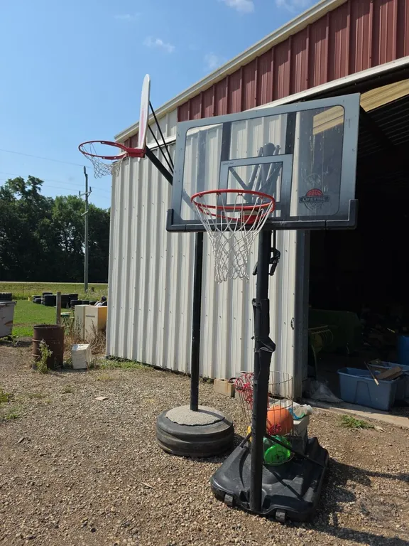 2 basketball hoops and container of Frisbees