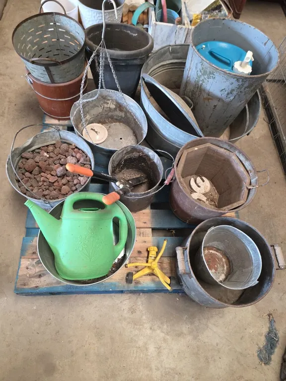 Pallet of Galvanized tubs, flower pots and garden tools