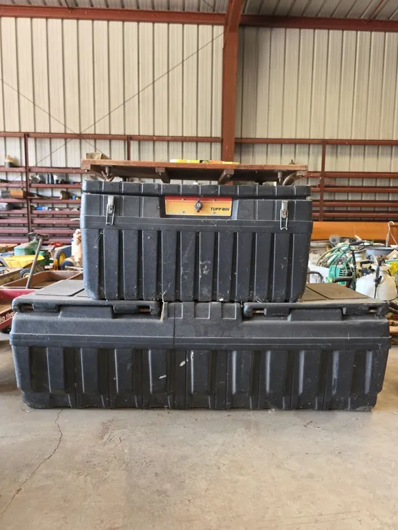 2 poly pickup toolboxes with contents, tow strap and a creeper