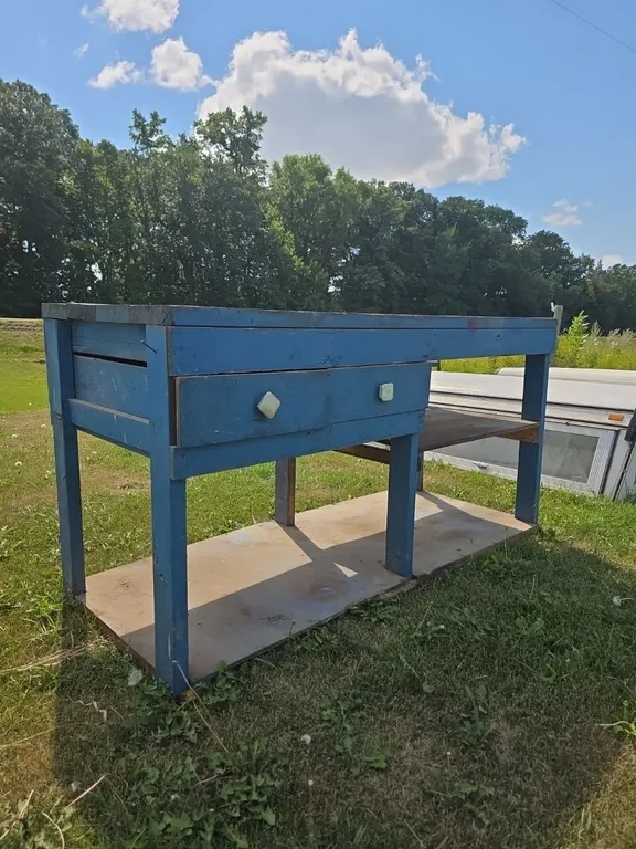 Wood shop bench with contents