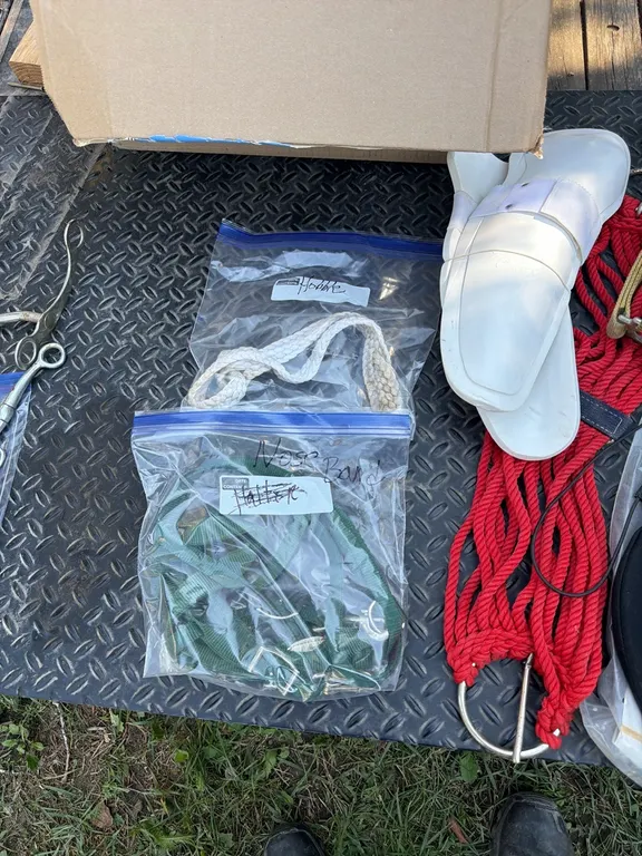 Horse Tach: Nose band, cinch, Hobble, Martha Josie boots, saddle pad, halter