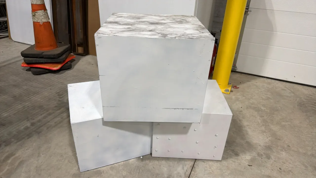 Metal bix display stands, (2) 15” x 15” x 12”, (1) 17” x 17” x 15”