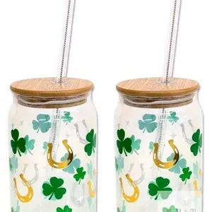 New FYSUIMU Lucky Drinking Glasses Gold Foil Shamrock Horseshoe Drinking Glasses 16oz Lucky Clover Glass Cup with Lids and Straw for Cocktails Whiskey