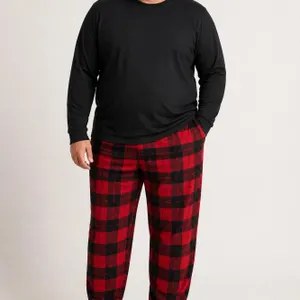 New Size 2XL 2-Piece Mens Christmas Pajama Set,  –ALL Black Top & Red Plaid