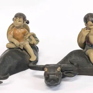 Vintage Pair Siwan Clay Boy & Girl Atop Water Buffaloes Figures, 5.8" Long, Boy's Buffalo Missing Ear