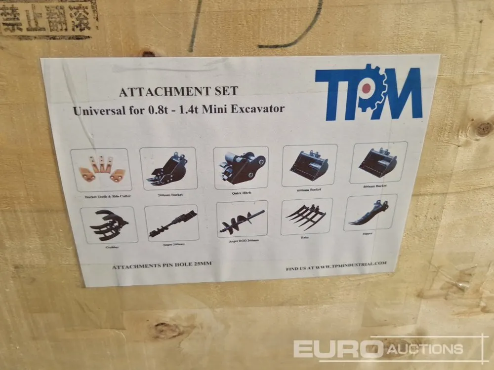 Unused 2026 TPM 10pc Attachments, 5pcs Bucket Teeth, 8" Bucket, 24" Bucket, 32' Bucket, Ripper, Rake, Quick Hitch, 8" Dia. Auger, 12" Dia. Auger Rod.