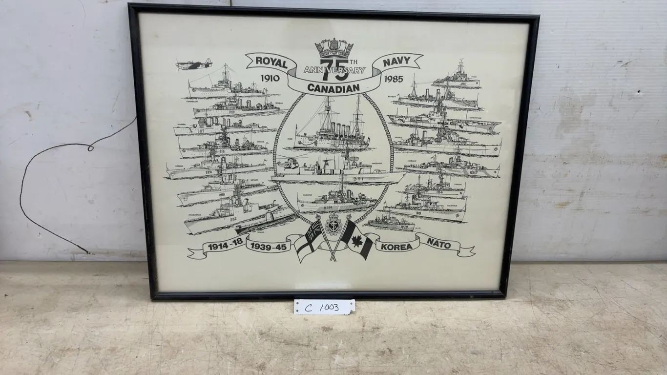 Framed Royal Canadian Navy 75th Anniversary Commemorative Print, 1910-1985, 20 × 26”