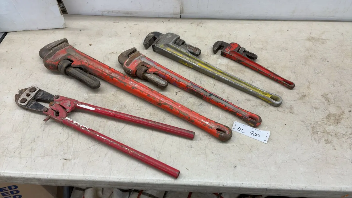 Four Pipe Wrenches (36” and 24”), Bolt Cutters, and More