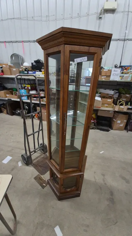 Hexagonal Wood and Glass Corner Display Cabinet with 3 Glass Shelves, Lights Up