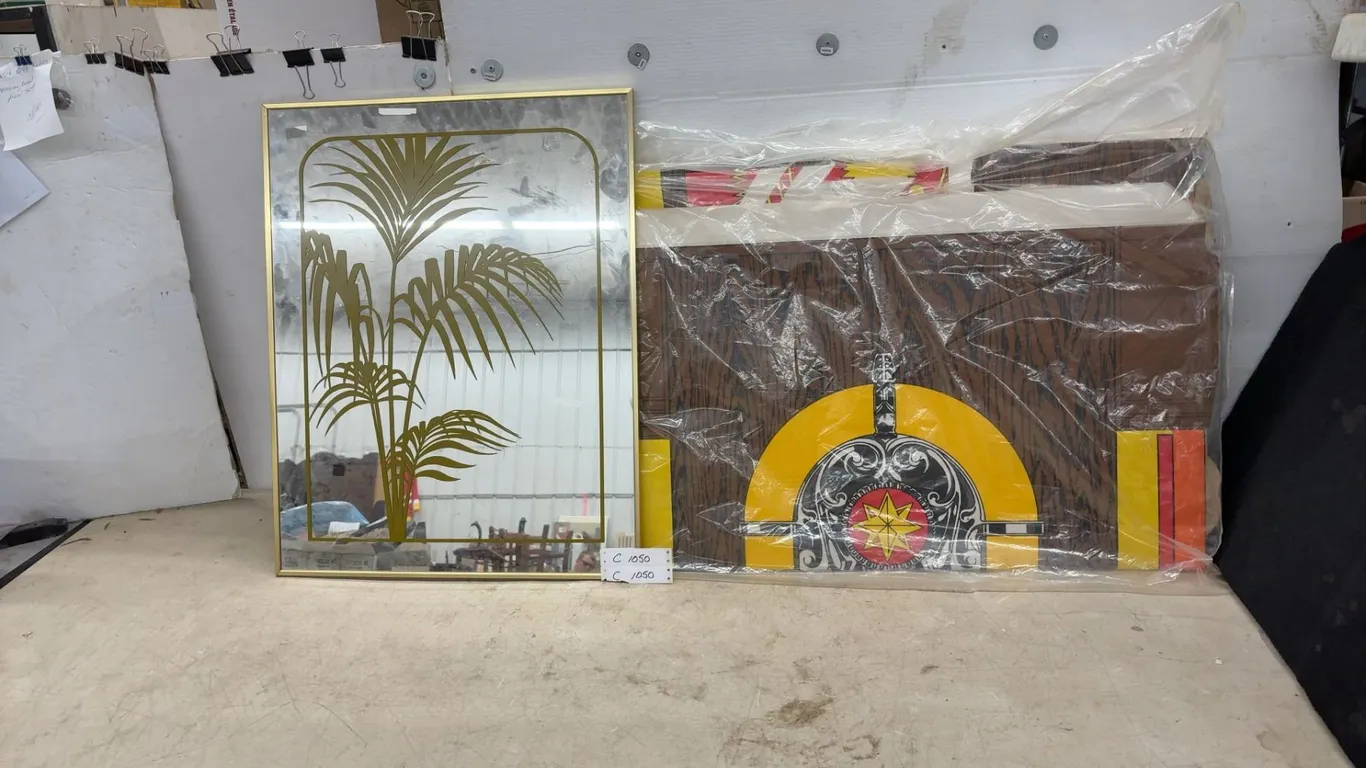 Framed Gold Palm Tree Mirror 28 × 22” and Vintage Cardboard Stand up Decorative Panel
