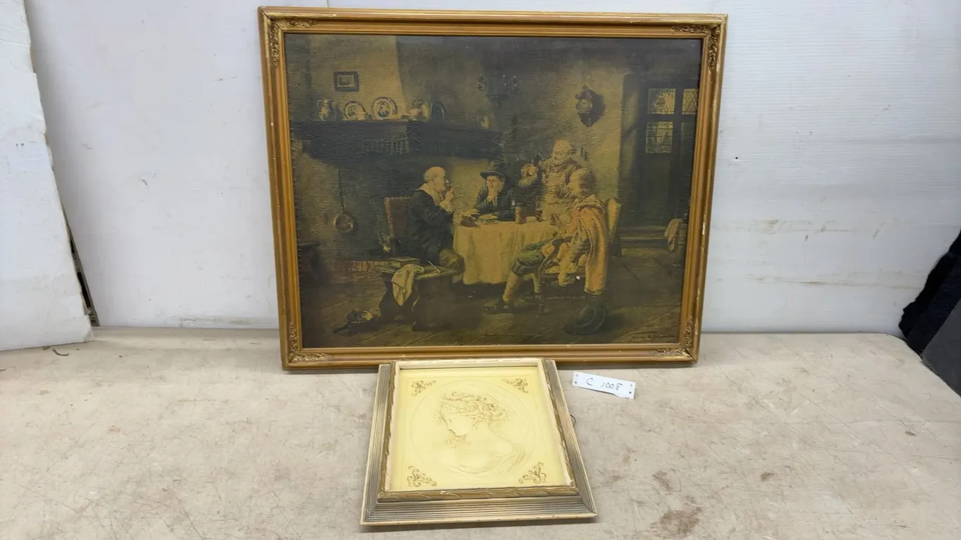 Framed Friedrich Heyser Tavern Scene Print, 24 × 30” and Framed Bas-Relief Cameo Portrait of a