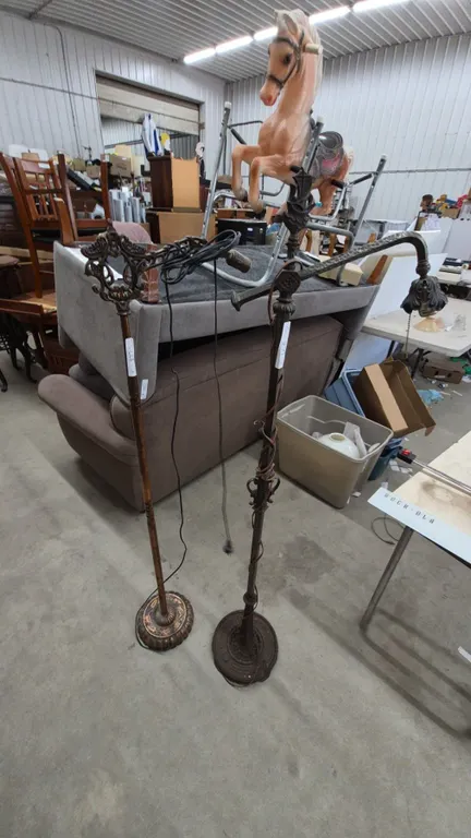 Two Ornate Floor Lamps, Assorted Glass Lamp Shades