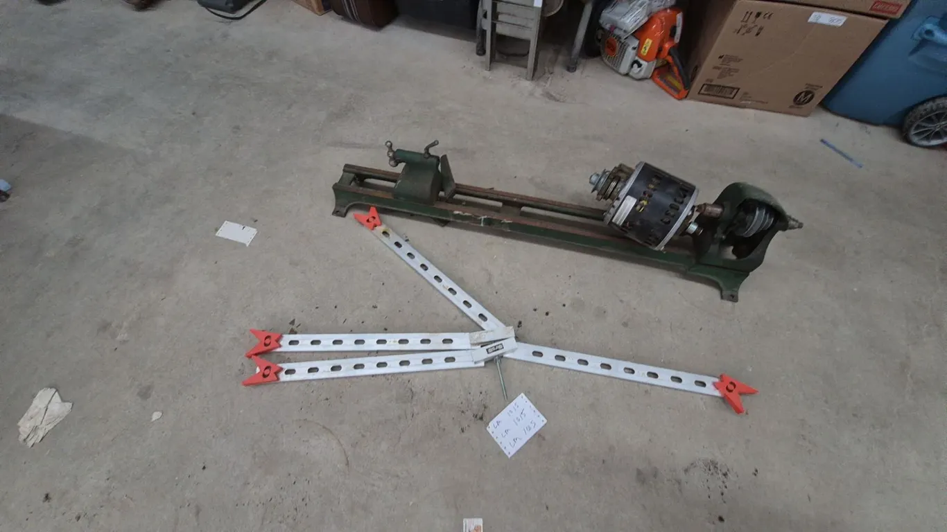 Vintage Cast-Iron Wood Lathe with Motor, Multi-Step Pulleys, and Steel Stand