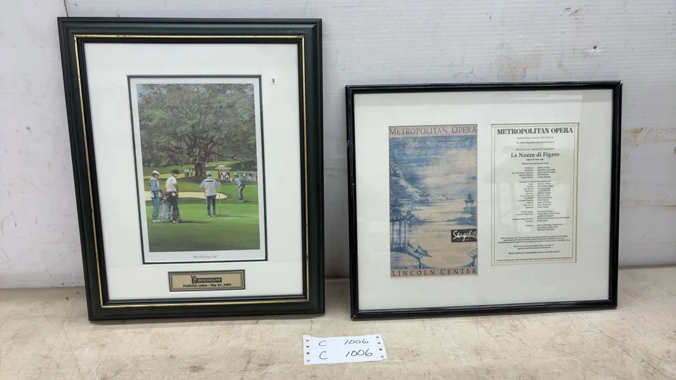 Framed "The Winning Chip" Michelin Golf Print and Metropolitan Opera Le Nozze di Figaro Playbill