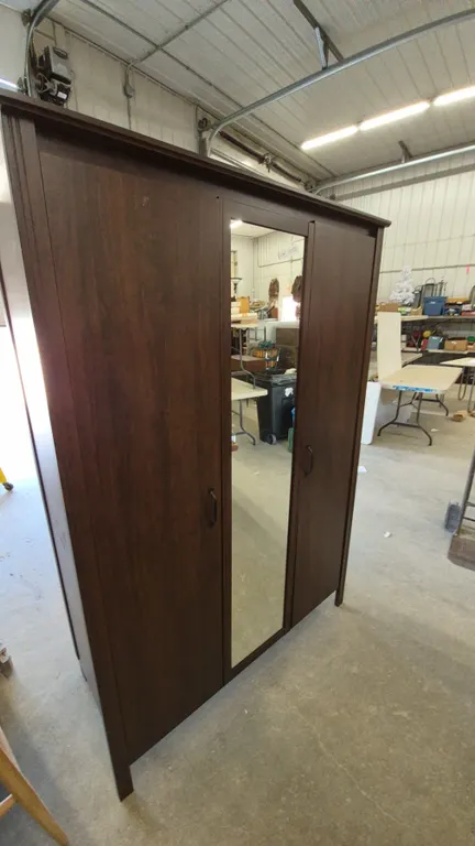 3-Door Wardrobe with Center Mirror, Interior Shelves, and Hanging Rod