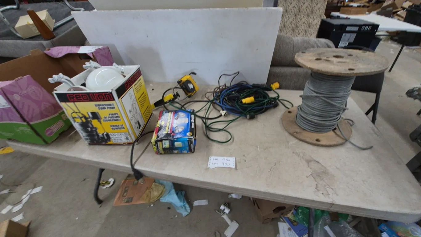 Zenith Security Light, Work Light, Extension Cords, and Wire Spool. Ceiling fan