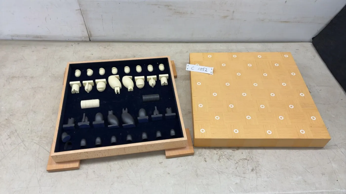 Man Ray Style Minimalist Abstract Chess and Checkers Set with 32 Pieces and Wooden Board in