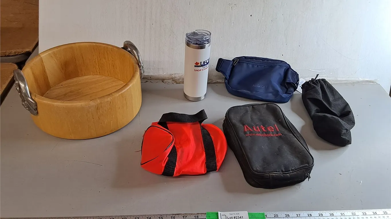 Wooden Basket 11.75" Diameter, Waist Belt, Stainless Steel Travel Mug, Misc.