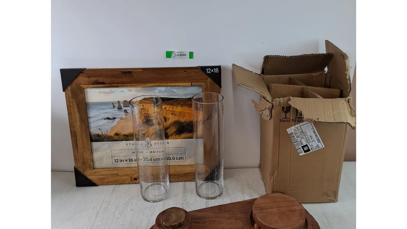(2) Glass Vases, Wooden Decorative Tray, Picture 12" x 16"