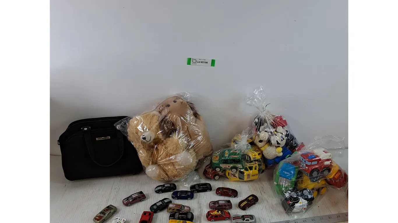 Collection Brand Purse, Assorted Mini Maisto, Hasbro & Hot Wheels Toy Cars, (2) Stuffed Animals