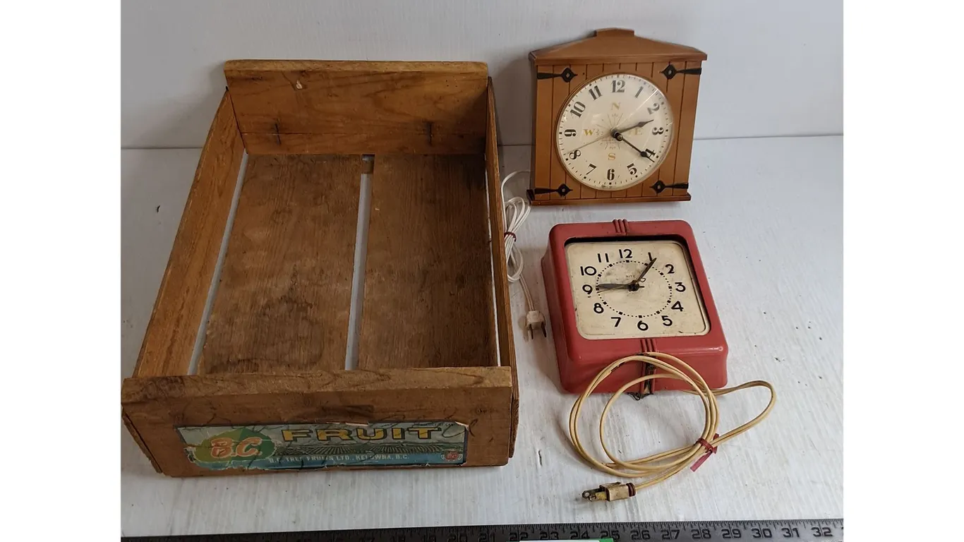 (2) Vintage Wall Clocks - Consignor Says Both Working, Wooden Crate