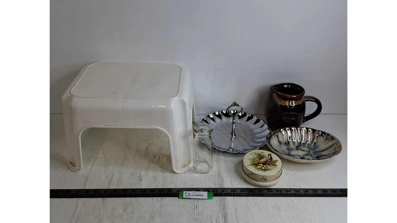 Step Stool, Platter, Ceramic Pitcher, Tin, West German Bowl