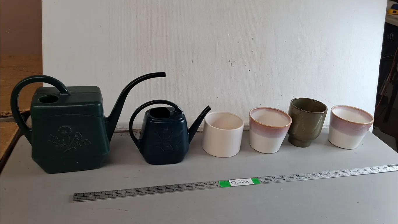 (2) Plastic Watering Cans up to 9.5" & (4) Ceramic Planters
