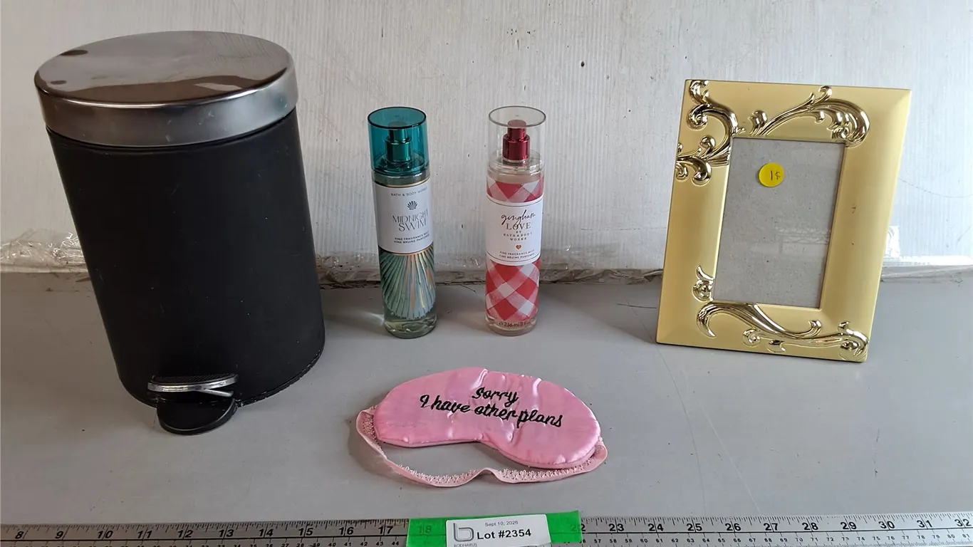 (2) Body Mists, Garbage Can 10", Eye Mask, Photo Frame- Can't Ship