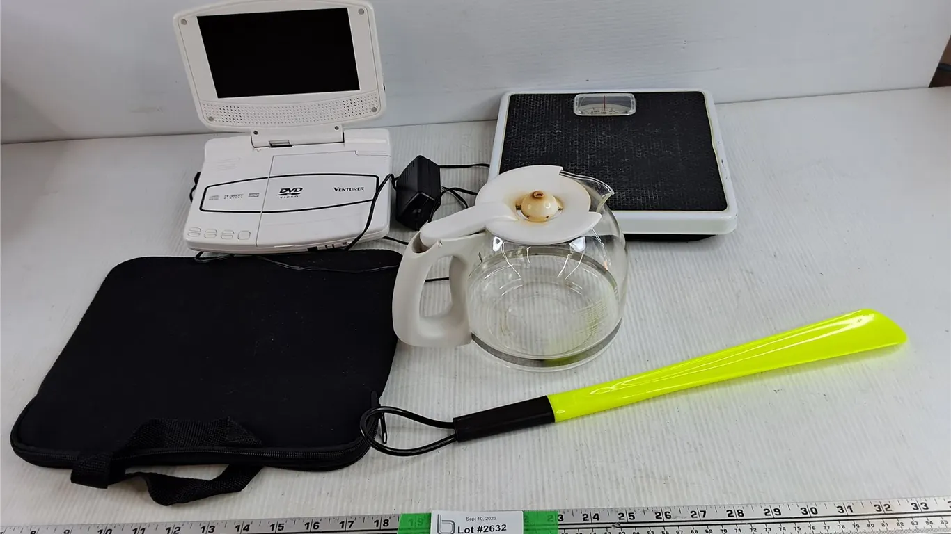 Venturer DVD Player - Powers On, As Is, Body Scale, Shoe Horn, Coffee Pot, Small Bag