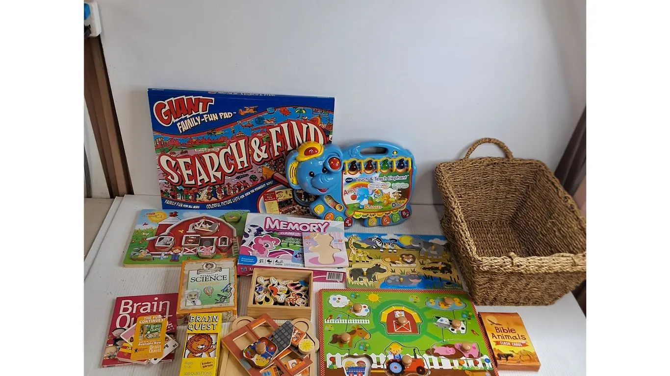 Assorted Children's Activities & Games, Wicker Storage Basket