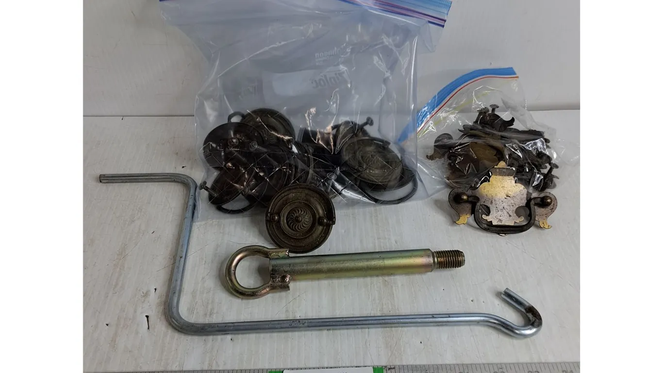 (2) Bags of Assorted Drawer Pulls,Bumper Tow Hook Eye and Scissor Jack Handle