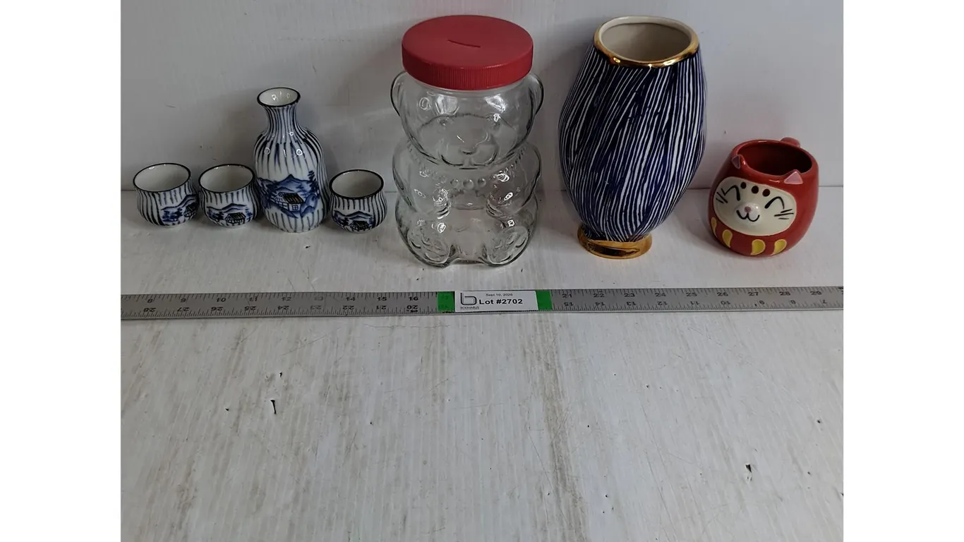 4 Piece Sake Set,Kraft Teddy Bear Jar,Vase,Cat Mug