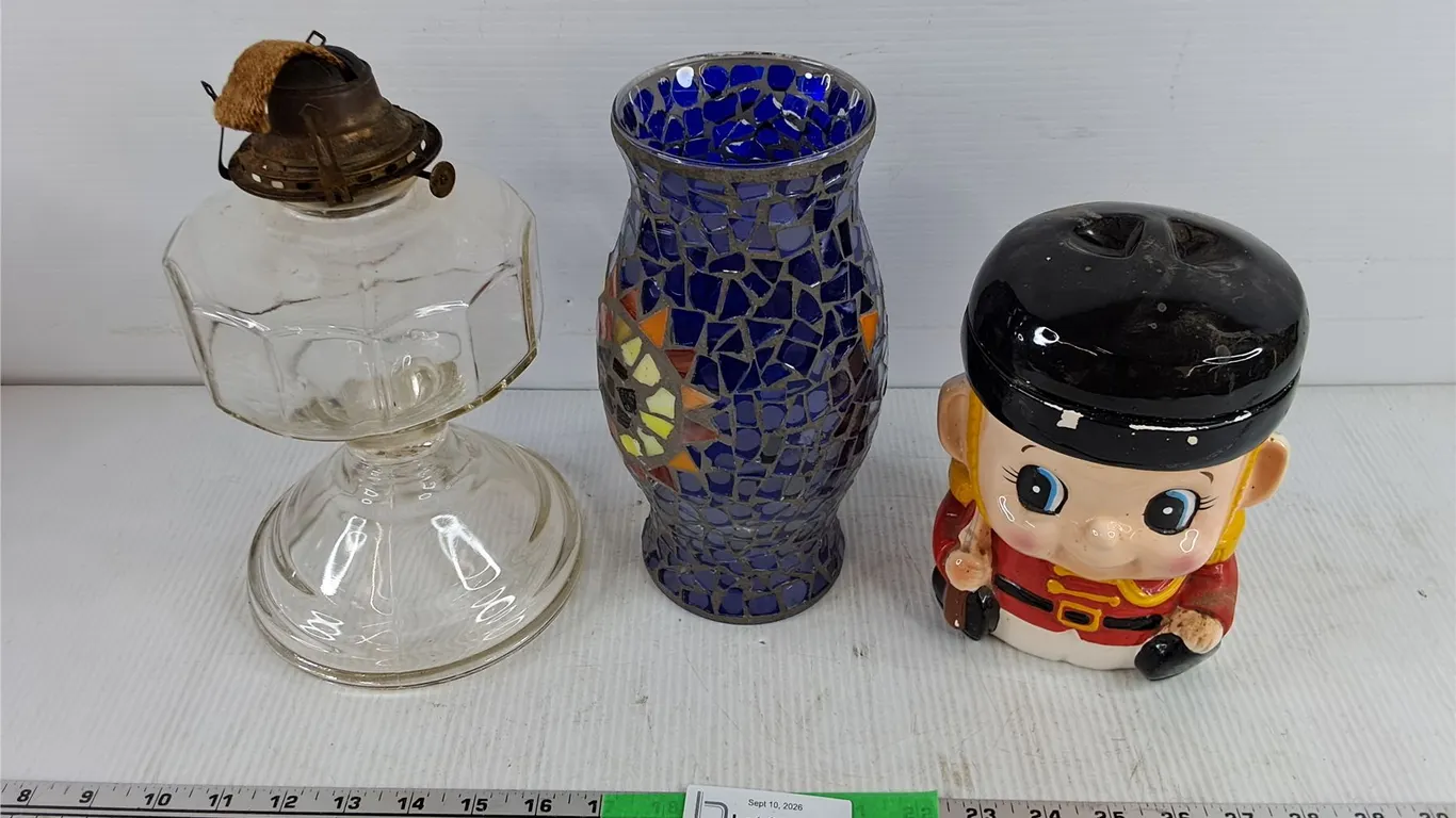 Ceramic Cookie Jar, Kerosene Lamp, Stained Glass Lamp Shade